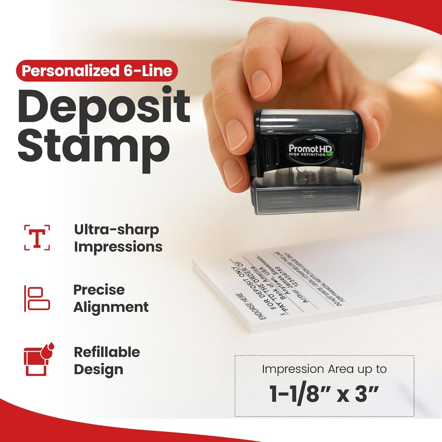 Promot Pre-Inked Custom Deposit Stamp - Personalized Text, Refillable Custom Stamp with Built-in Ink Reservoir, Easy 3-Step Re-Inking, Customized Rubber Stamp for Bank and Businesses (6-Lines)