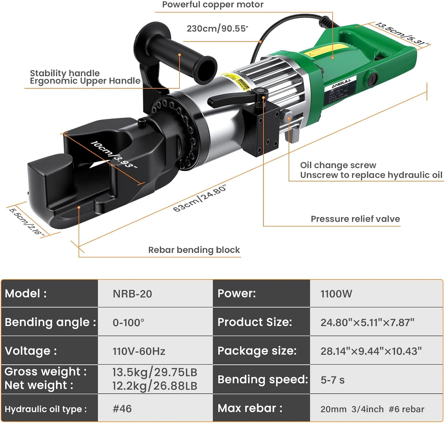 Anbull 1100W Electric Rebar Bender,Hydraulic Rebar Bending Machine Bending up to 3/4 Inch #6 20mm Rebar, Rebar Bending Angle 0-100 Degrees