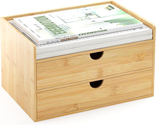 Bamboo Desk Organizer with Drawers Desktop Storage Drawers for Bills Office Supplies Kitchen Utensils Organizing Tool for Home Classroom Organization No Assembly (Nature 2 Drawer)