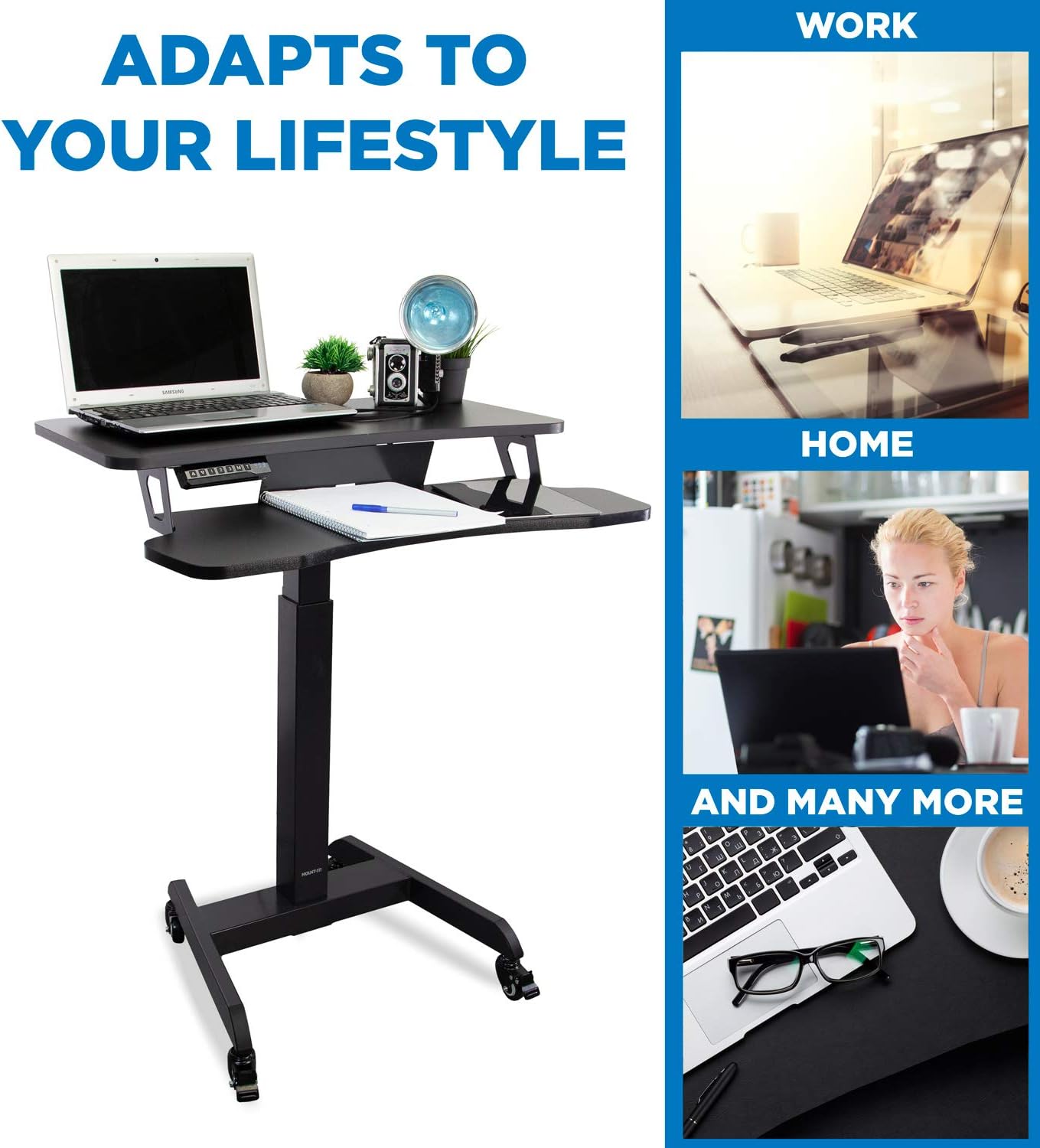 Mount-It! Electric Mobile Height Adjustable Standing Workstation with Wheels | Rolling Sit Stand Workstation with Programmable Height Adjustment Controller | 31.5 x 14.5 in Tabletop