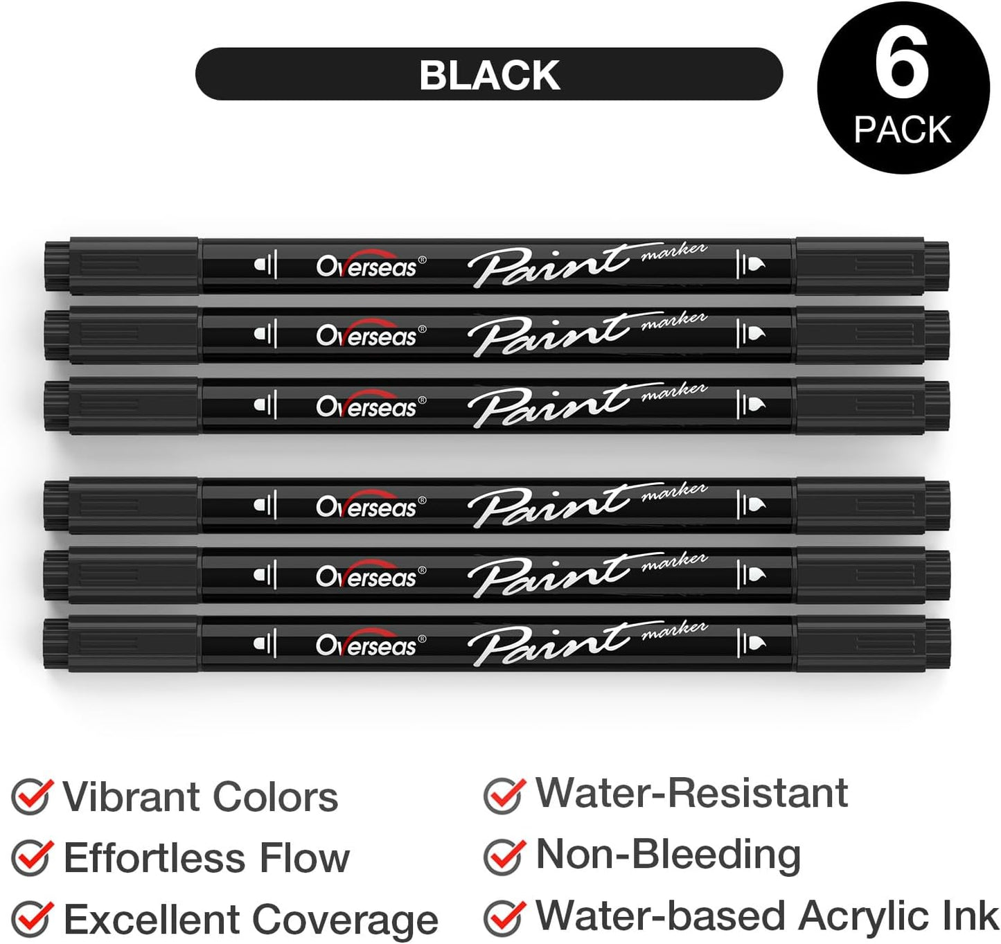 Overseas Black Acrylic Paint Markers, 6 Pack Dual Tip Paint Pens Acrylic Markers - Dot and Brush Tip Coloring Marker for Wood, Rock, Canvas, Glass, Metal, Plastic, Rubber, Fabric, School Supplies