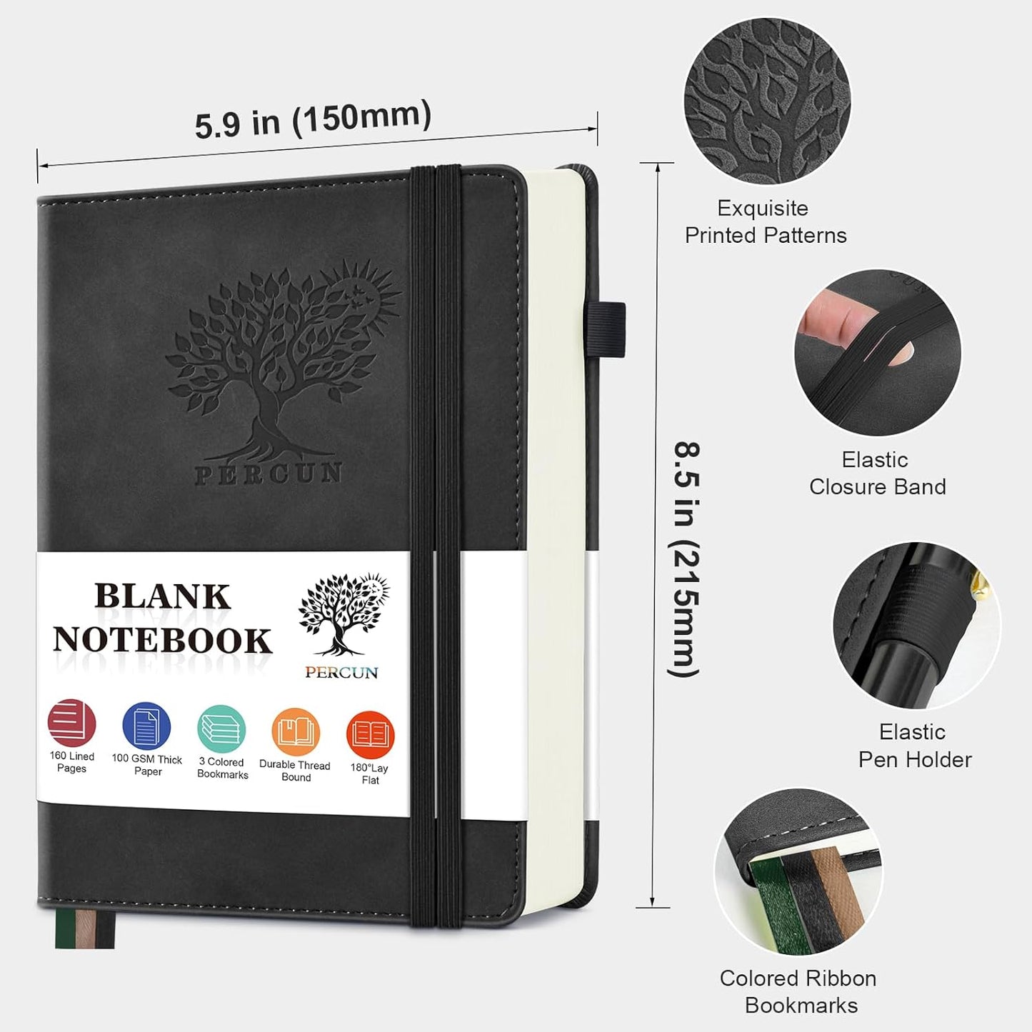 Blank Journal Ntebook for Men & Women, 160 Pages Blank Journals for Writing, Drawing,Sketch Book,5.9" x 8.5" Leather Sketchbook, Unlined Notebook for Work, School, Art - Black