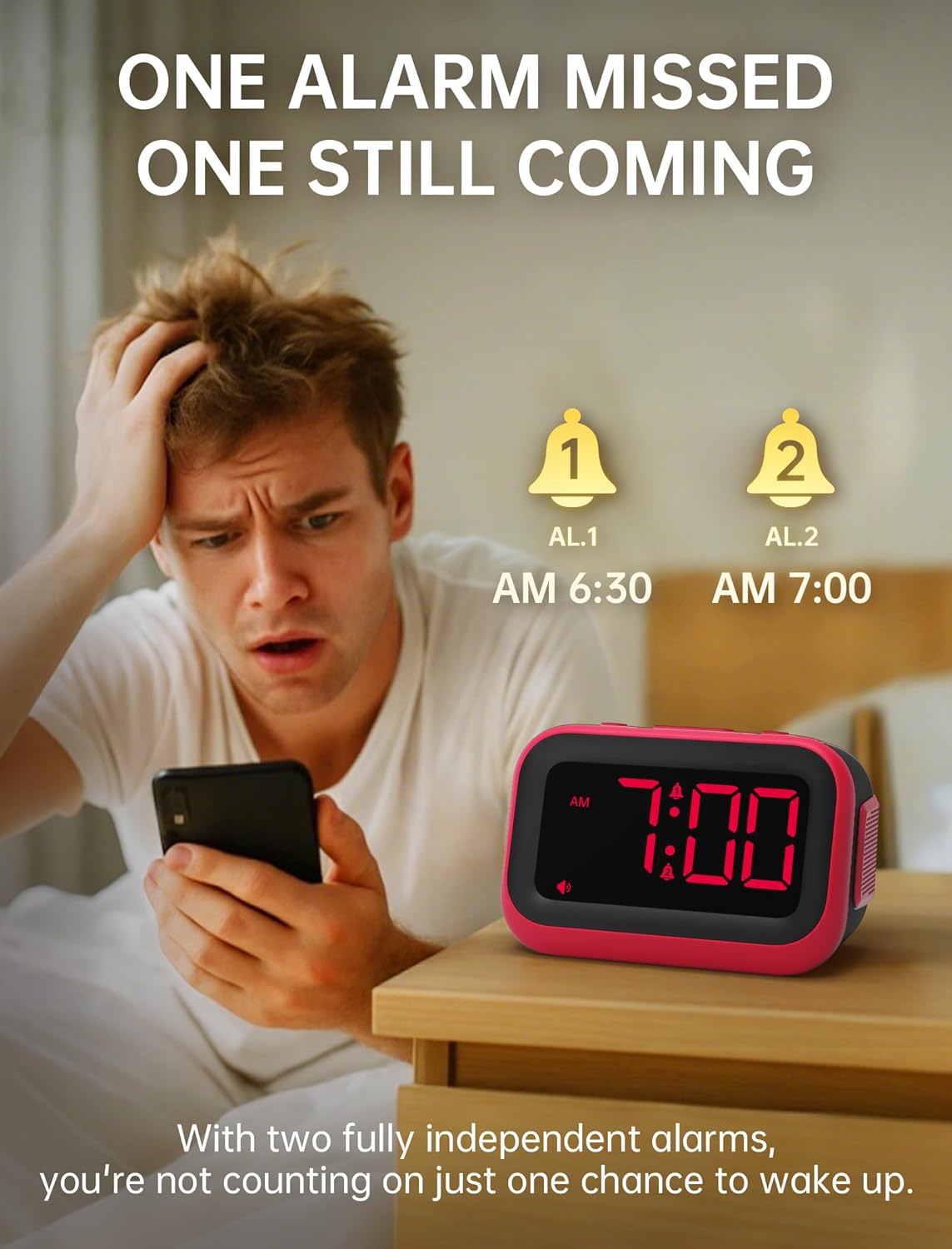 Loud Alarm Clock for Heavy Sleepers: 115dB Dual Alarms with 6 Unique Sounds for Bedroom Dorm Room Use - On-Time Wake Up for Teen College Students - Red