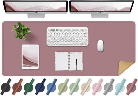 PU Leather & Cork Desk Blotter, Office & Home (Purple Pink) - Non-Slip Keyboard & Mouse Mat, 47.2" x 17"