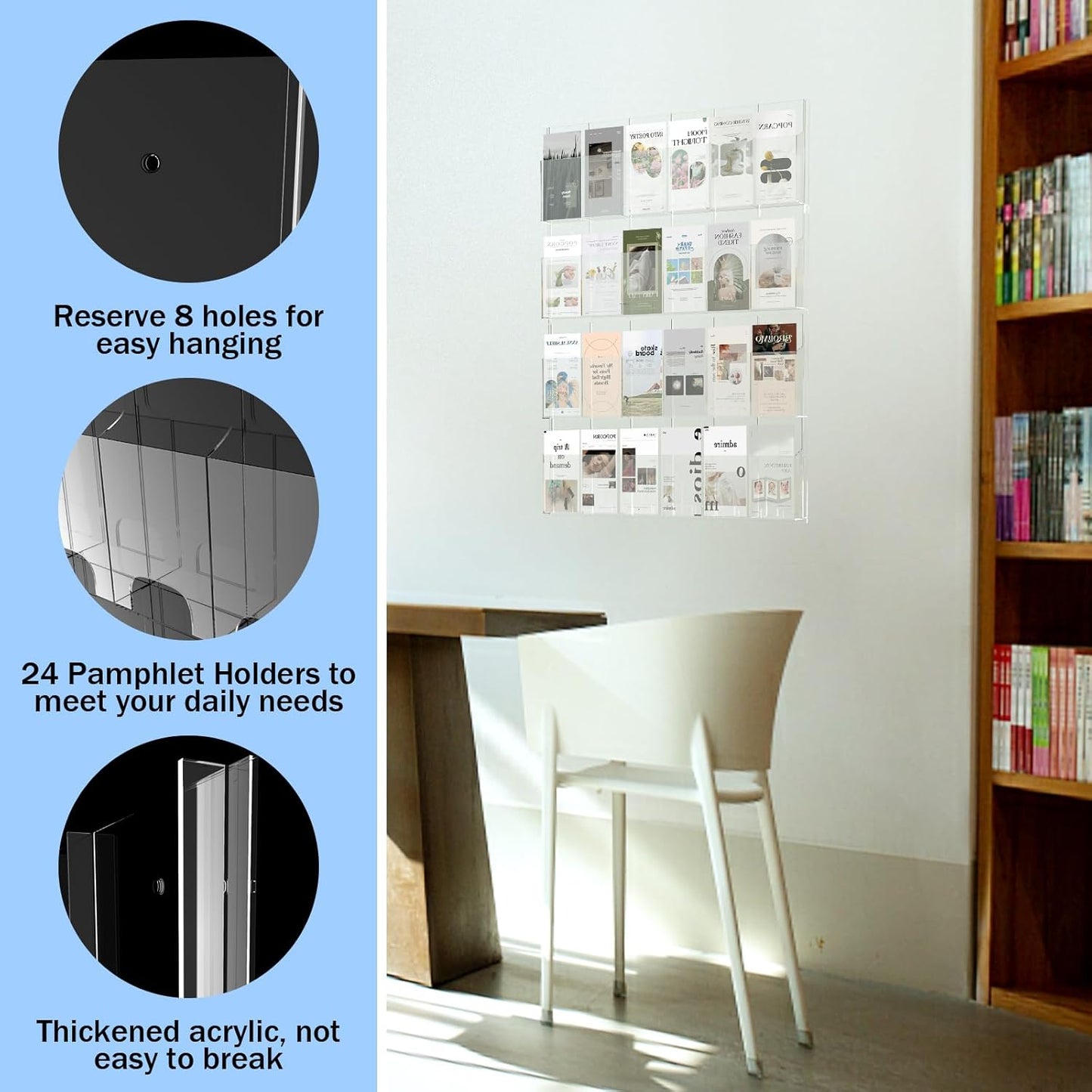 Acrylic Brochure Pamphlet Holder, 24 Clear Wall Mount Display Holders, Trifold Flyer Rack, Literature Storage Rack for Home, Offices, Waiting Room