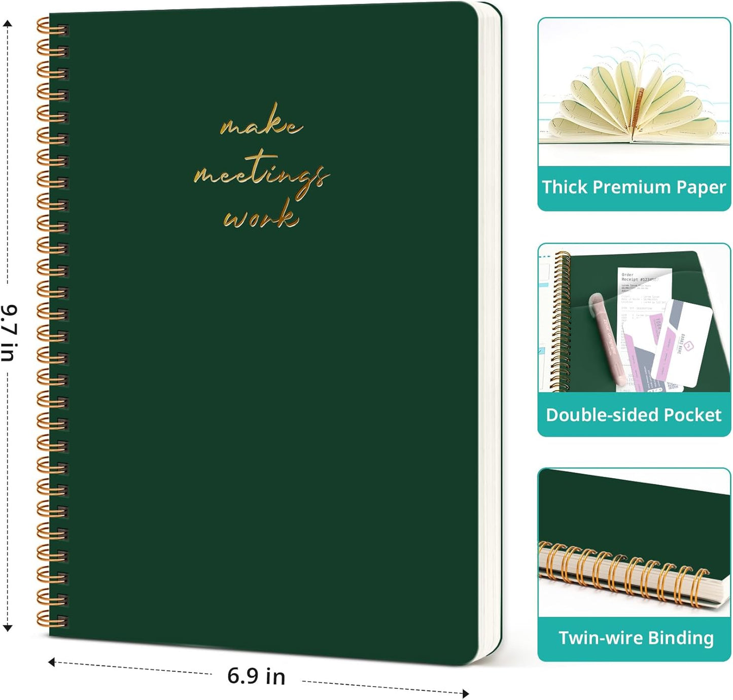 Taja Meeting Notebook for Work Organization - Work notebook with action items, Meeting Minutes Planner Notebook, Perfect Office Supplies for Men & Women - Dark Green