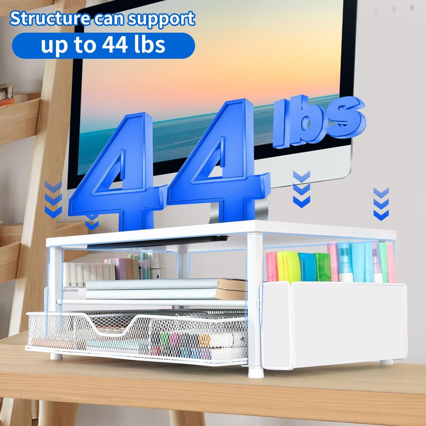 AUPSEN White Monitor Stand Riser, 2-Tier Wood Computer Desk Organizer with Drawer, Pen Storage & Phone Holder ，Office Desk Accessories Desktop Organizer for Office Supplies