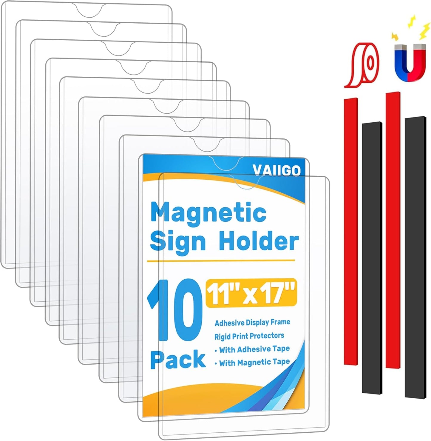 Magnetic Frames 11 x 17 Sign Holder Wall Mount 10 Pack, Rigid Clear Plastic Sign Holder with Magnet & Adhesive, Door Paper Holder for Refrigerator, Locker, Metal, Whiteboards, Windows