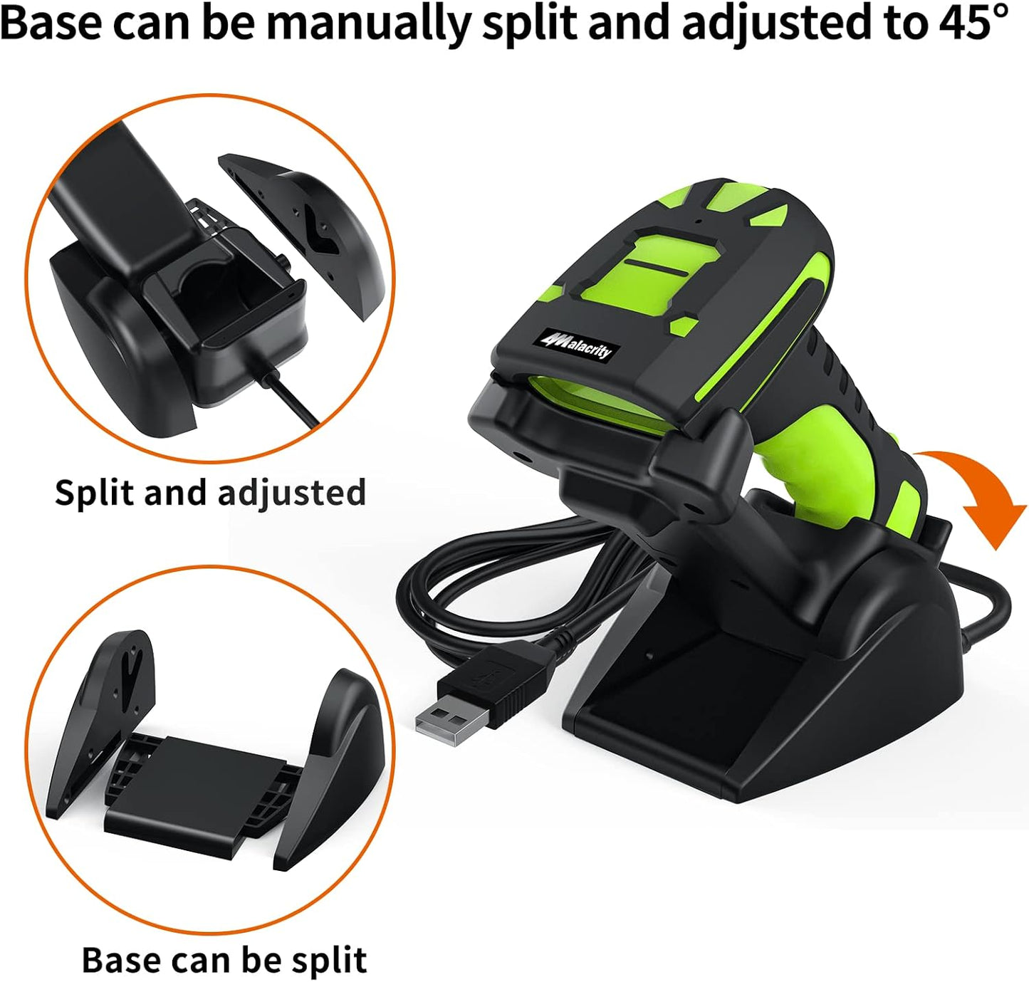 Alacrity 2D Industrial Wireless Barcode Scanner with Charging Stand, Bluetooth Drop Resistant, 1968 Feet Transmission Distance 433Mhz QR 1D Bar Code Reader