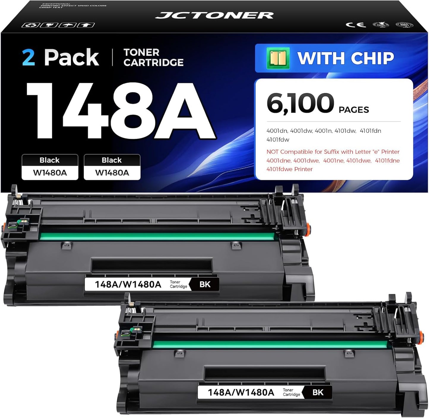 148A Black Toner Cartridge 2-Pack with chip High Yield Replacement for HP 148A W1480A 148X W1480X Compatible with HP Laserjet Pro MFP 4101dw 4101fdn 4101fdw 4001dn 4001dw 4001n Printer Ink 4001 4101