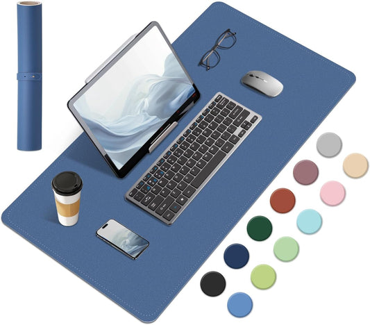 Dual-Sided Desk Pad, Natural Cork & PU Leather Mouse Pad for Desk, Desk Pad Protector, Non-Slip Desk Mat for Office and Home Work, (Lake Blue, 23.6" x 13.7")