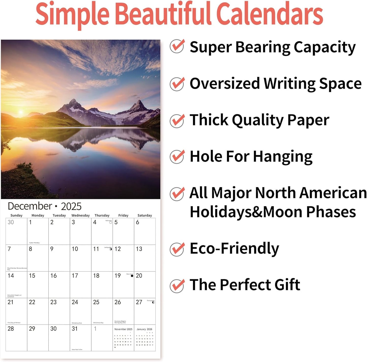 2025 Wall Calendar,Calendar 2026, July 2025 - December 2026, Wall Calendar Sunset, 12" x 24" Opened,Full Page Months Thick & Sturdy Paper for Gift Perfect Calendar Organizing & Planning