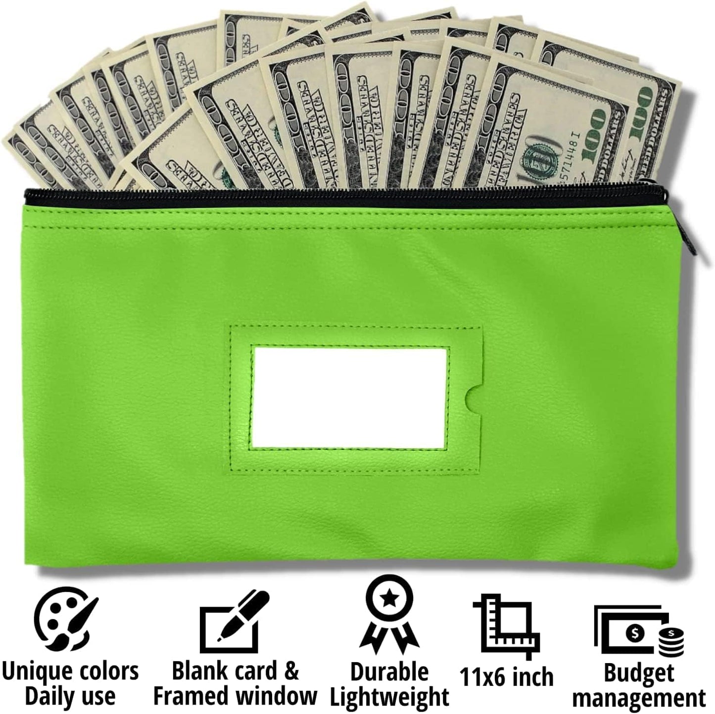 Money Bank Deposit Bag with Zipper | 11x6 inch | Light Green | Durable Leatherette Money Cash Coin Check Wallet Pouch for Men & Women with Framed ID Window and Blank Card | by GIDABRAND (10)