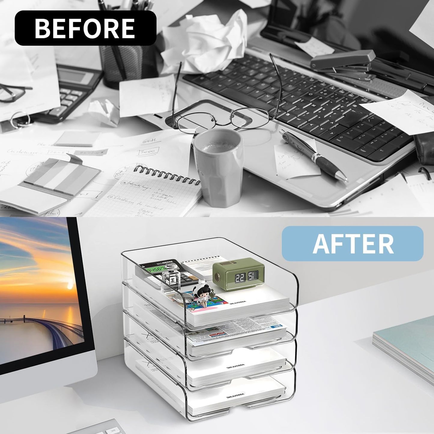 4-Tier Paper Organizer for Desk, Stackable Desk Organizer Paper Tray, Ideal for Office Supplies, A4 Storage (Clear, 4-Tier)