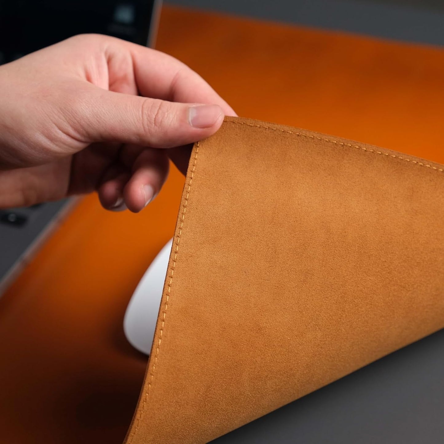 Jersey Genuine Calfskin Leather Desk Pad, Office Desk Mat with Non-Slip Bottom, Smooth Surface for Mouse & Keyboard, Desk Protector (14.6x31.5 inches) (Tan)