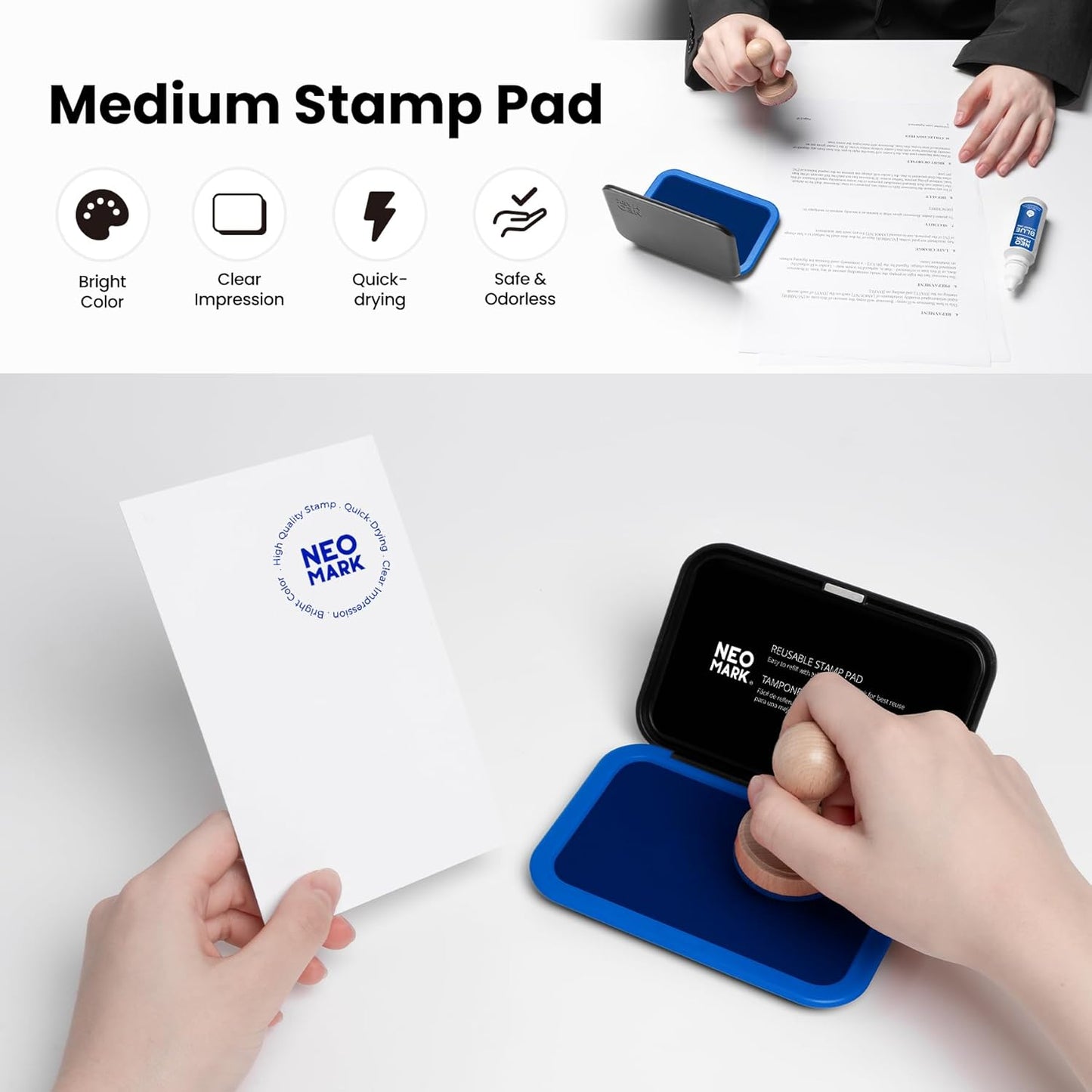 Medium Stamp Pad Kit (1oz Ink Included)-2.8"x 4.4", Magnetic Lid, Premium Quality Felt Stamp Pad (Blue)