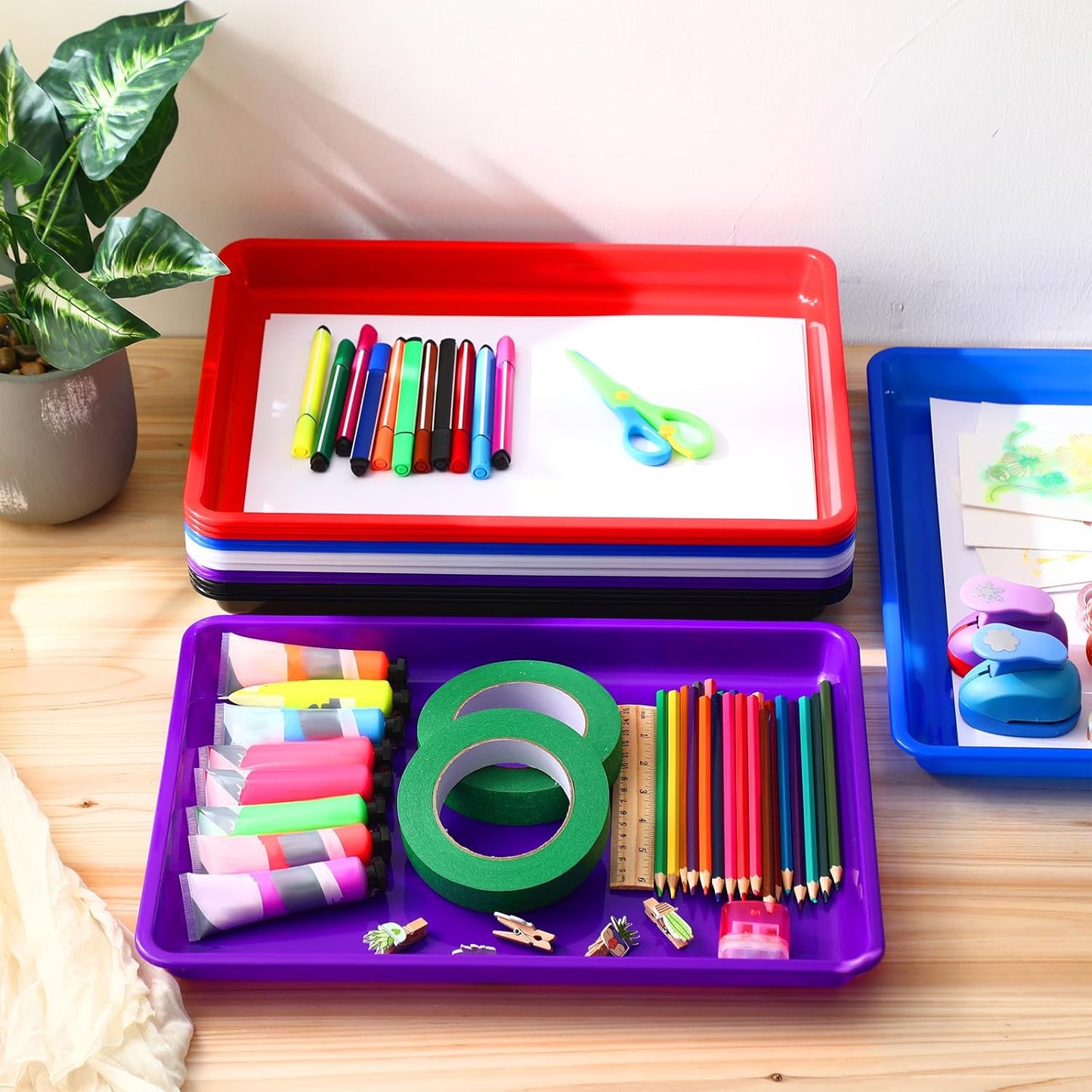 Maitys 15 Pcs Flat Plastic Trays 16.1 x 11.8'' Sensory Storage Tray Paper Stackable Classroom Bins for Office Home Organizer Arts and Crafts Supplies(Mixed Color)
