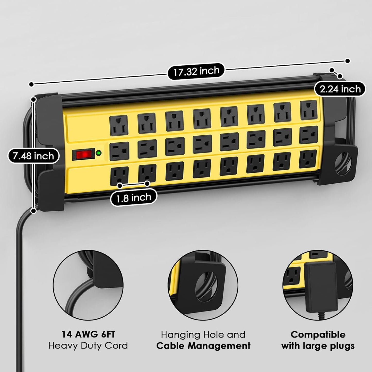 HHSOET Heavy Duty Power Strip with Surge Protection, Industrial Commercial Metal 24 Outlets Wall Mount for Garage Shop, 15 Amp, Switch, 6FT Extension Cord, Yellow.