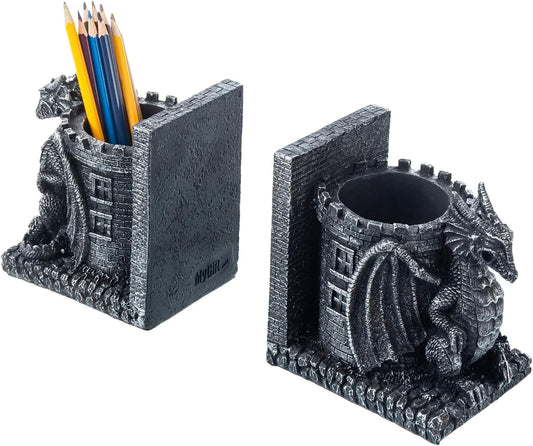 MyGift Gothic Black Resin Dragon Guarding Castle Pencil Cup Bookends, Office Desk Book Ends with Decorative Fantasy Dragons and Stone Tower Pen Holders, 1 Pair