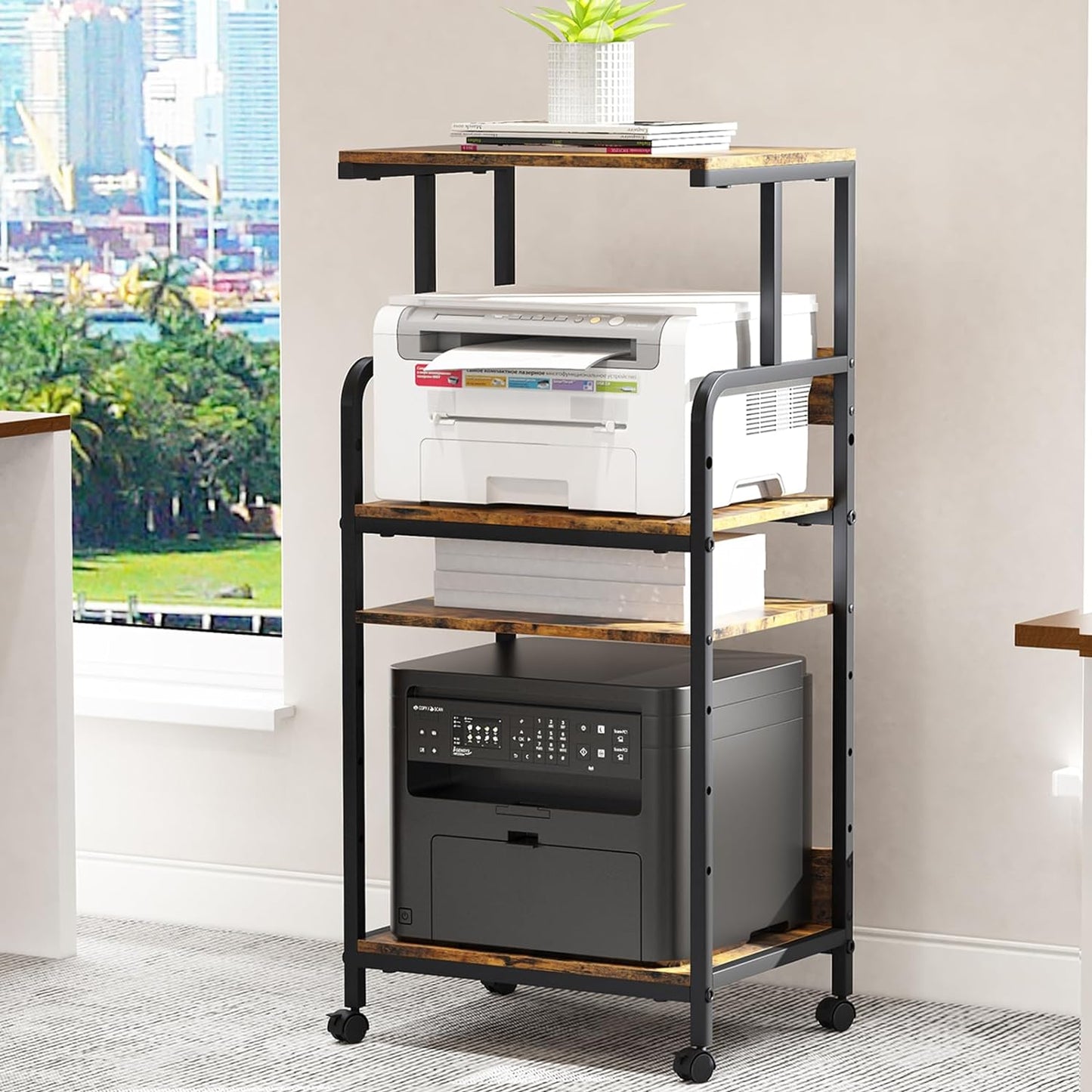 4 Tier Printer Stand with Storage Shelf, Large Tall Printer Cart with Wheels, Mobile Printer Table for Home Office, Adjustable Stands for Heat Press Scanner Fax (Brown)