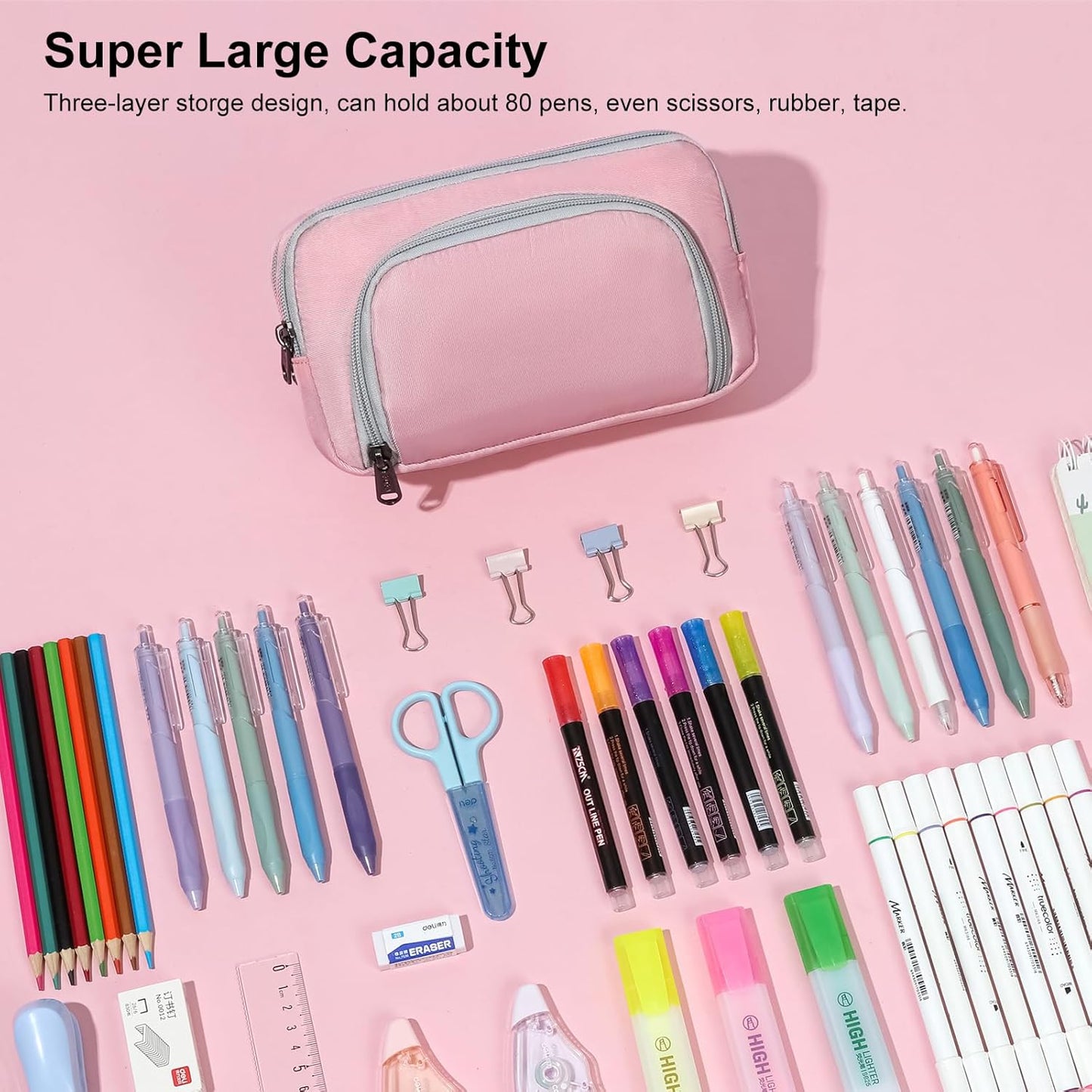 XQXA Pencil Pouch Cute Large Pencil Case Organizer, Multifunctional Big Capacity Pencil Pouch with 3 Compartmens, aesthetic school supplies Pencil Bag for Office Travel Men Women (01-Cherry Pink)