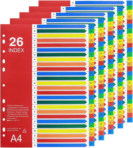 A-Z Tab Dividers, Alphabet Dividers for 2/3/4 Ring Binder, Customizable Table of Contents, Plastic Binder Dividers with Multicolor A-Z Tabs, 5 Sets