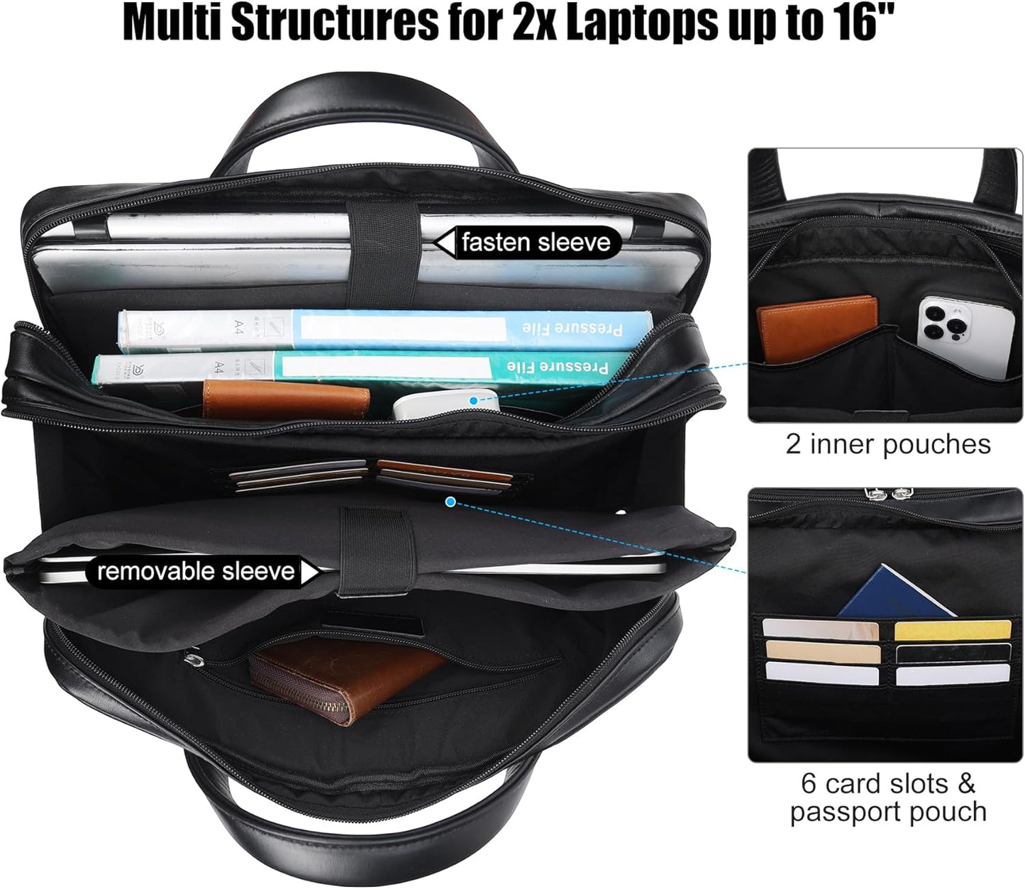 Masa Kawa Leather Briefcase for Men 15.6", 17" Laptop Computer Case Business Travel Work Messenger Cross Body Shoulder Bag