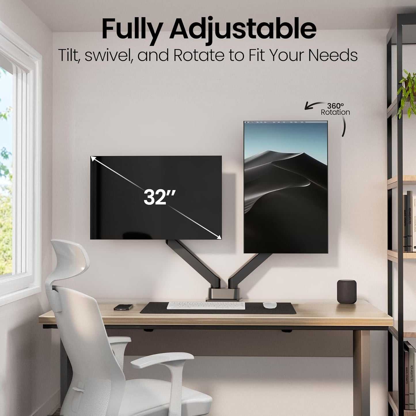 EVEO Premium Dual Monitor Mount 14"-32” Dual Monitor Arm VESA Bracket Adjustable Height Gas Spring Dual Monitor Stand, Screen Full Motion Dual Monitor Arm-Computer Monitor Stand for 2 Screens - Black