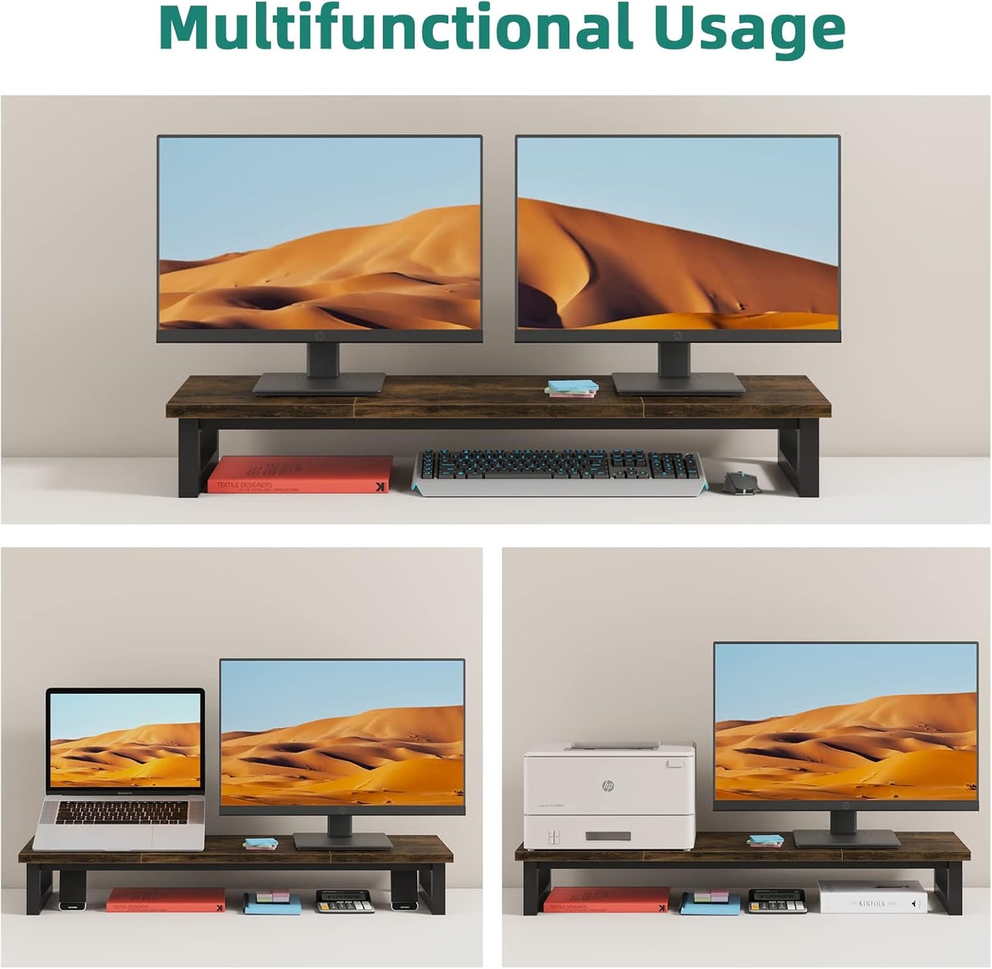 Dual Monitor Stand Riser, 39Inch Large Monitor Stands for 2 Monitors, Computer Monitor Stand, Wooden Desktop Oraganizer Shelf for Office Desk Computer,Laptop,TV