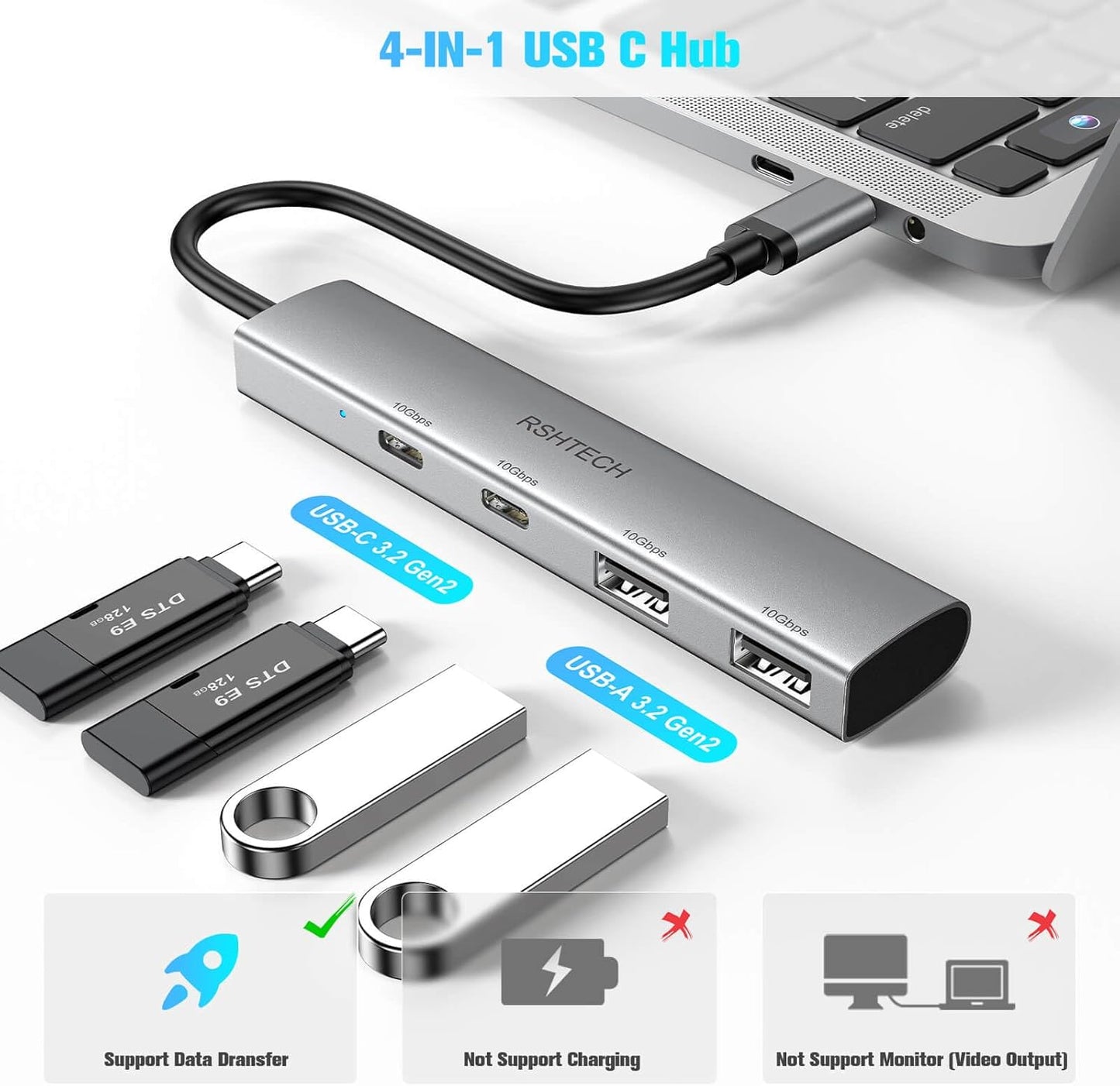 RSHTECH 4 Ports USB C 3.1/3.2 Gen 2 Hub 10Gbps with 2 USB-C and 2 USB-A Data Ports, Portable Aluminum USB Splitter for Laptop, MacBook Pro, and More Type C Devices, Gray, RSH-RX05