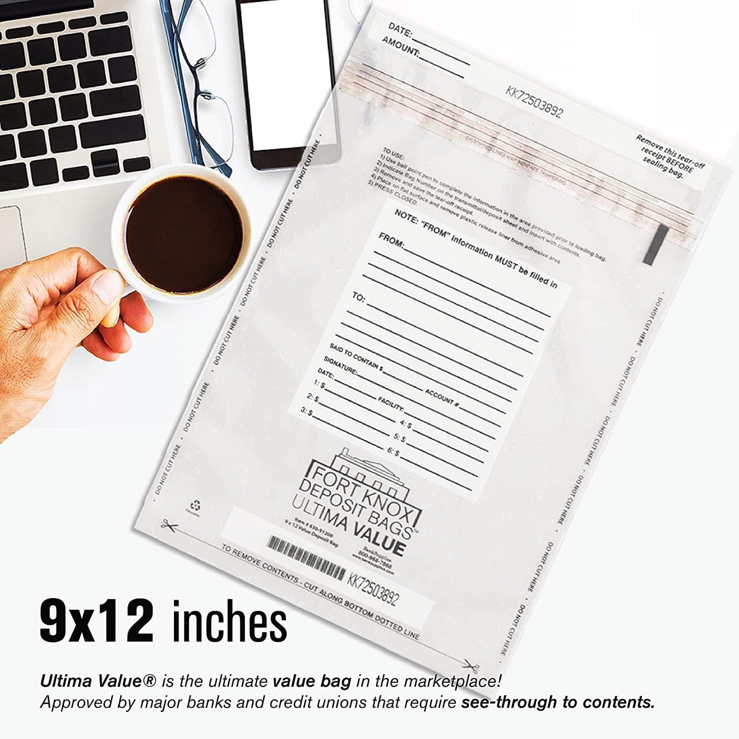 BankSupplies Ultima Value Clear Deposit Bags | 9W x 12H | Pack of 1000 | Transit, Transfer, Valuables | Tamper Evident Tape | Captive Flap Closure | Security Deposit Bag