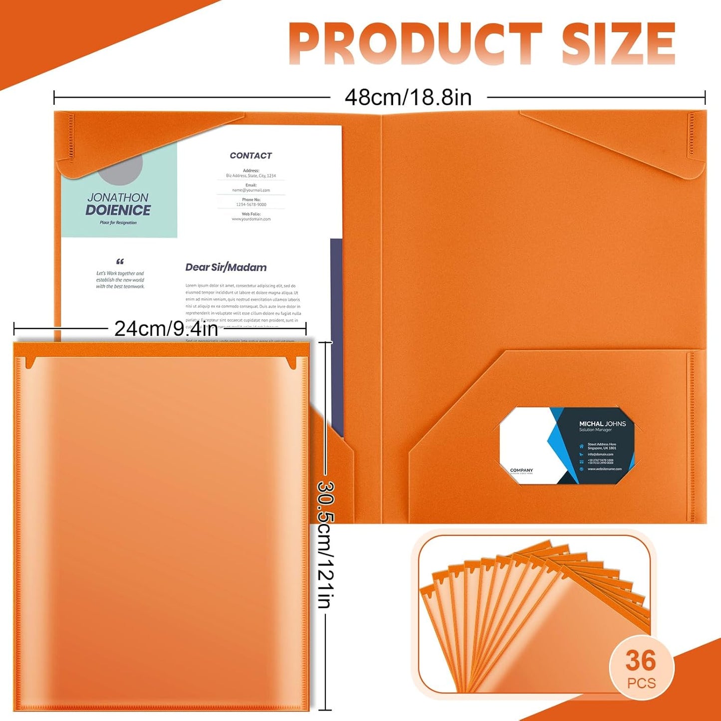 Henoyso 36 Pcs Plastic Folders with Clear Front Pockets Heavy Duty File Folders with 2 Pockets and Card Slot for Student Communication School Office Presentation Report (Orange)