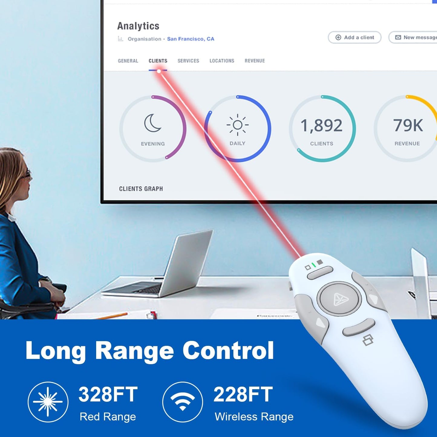 QUI Presentation Clicker Wireless Presenter Remote Clicker for PowerPoint Presentation Remote, PowerPoint Slide Advancer for Mac/Windows/Linux, Google Slide/PPT/Keynote, Type-c Blue