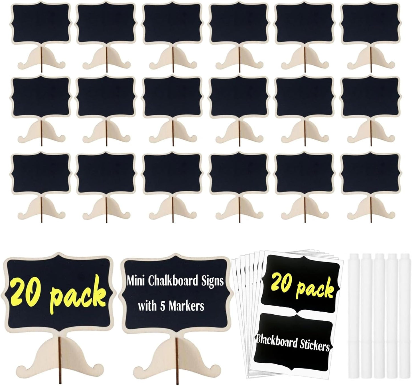 20 Pack Mini Chalkboard Signs Small Reusable Message Boards with Stand for Food Labels Party Buffet, Bakery, Weddings Place Cards Name Tags Table Numbers, with Markers and Blackboard Stickers