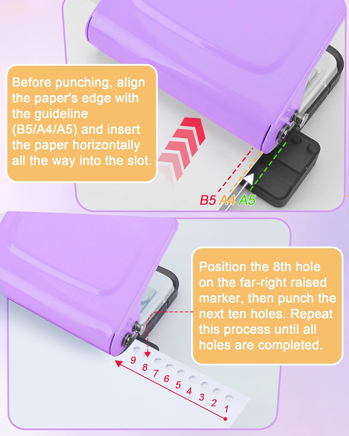 10 Hole Punch Binding Machine for Planners,Paper Puncher with Binder Rings,Punches Holes on B5,A4,A5 Paper,Metal Manual Binding System,Handheld Metal Circle Paper Puncher for Home Office Study,Purple