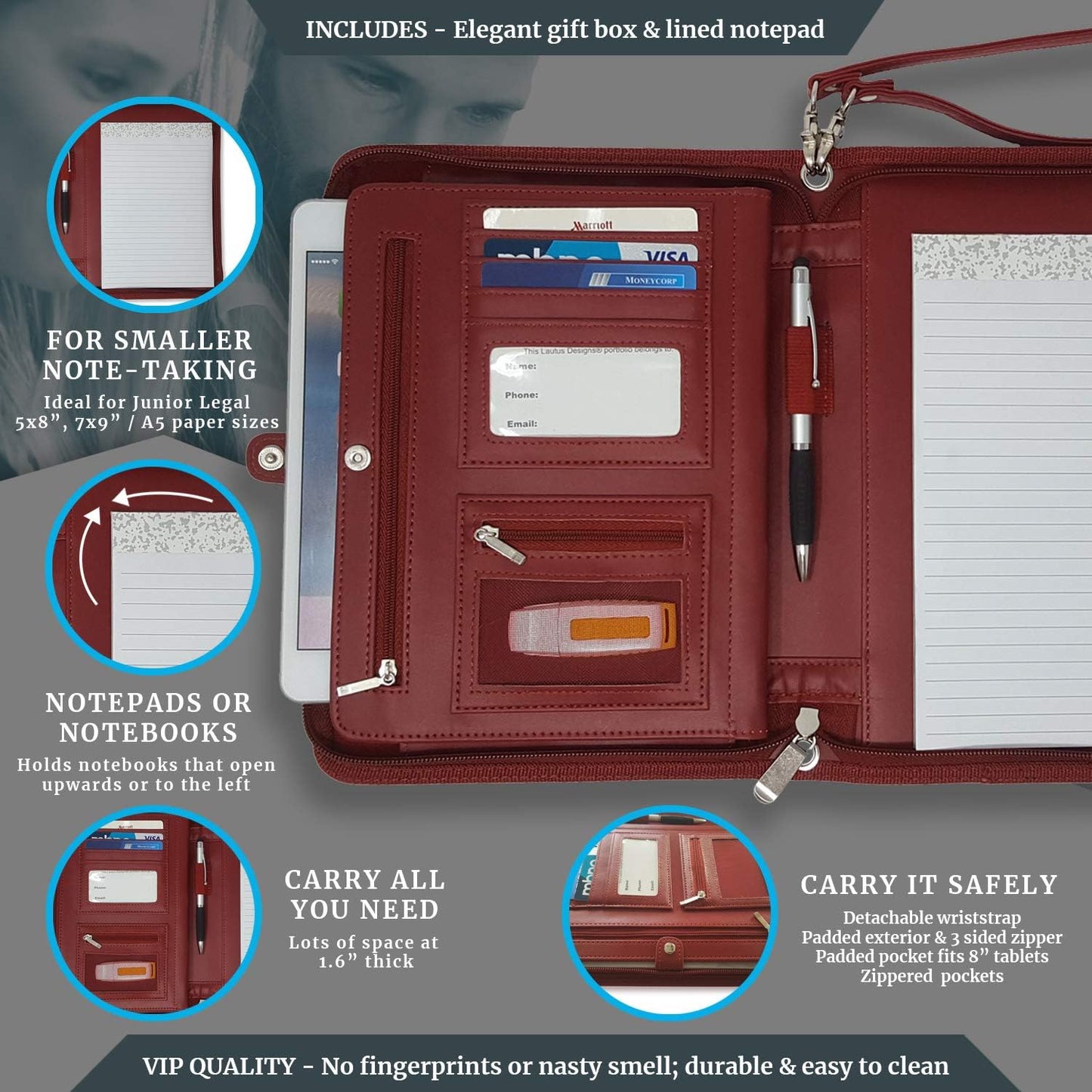 Zippered Portfolio Binder with Junior Legal 5x8 Notepad - Burgundy PU Faux Leather Business Padfolio Organizer Folder with 8 Inch Tablet Sleeve & Gift Box by Lautus Designs