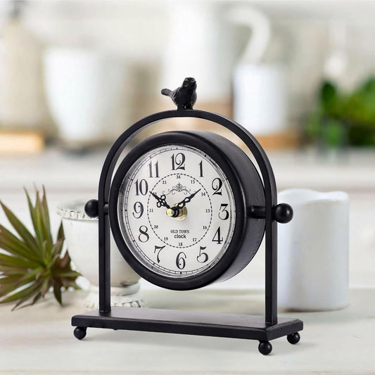 MODE HOME Silent Battery Operated Black Metal Analog Desk Clock with Bird, Small Table Clock for Farmhouse Decor, Mantel Shelf, Home and Living Room