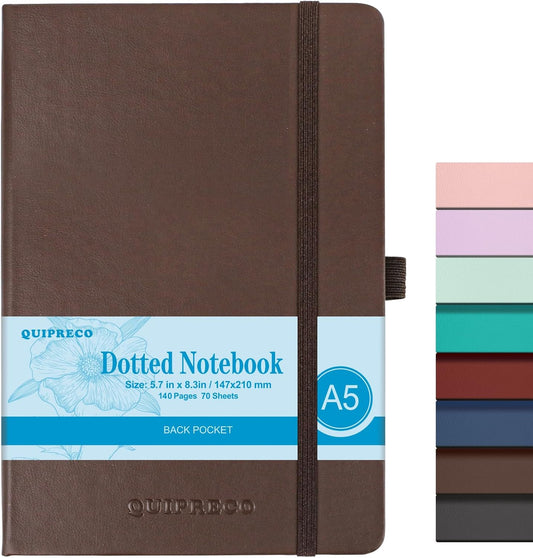 Bullet Dotted Hardcover Journal Notebook, A5 140 Pages 120Gsm Thick Paper for School,Note Taking,Work,Diary，5.7''*8.3'',Brown