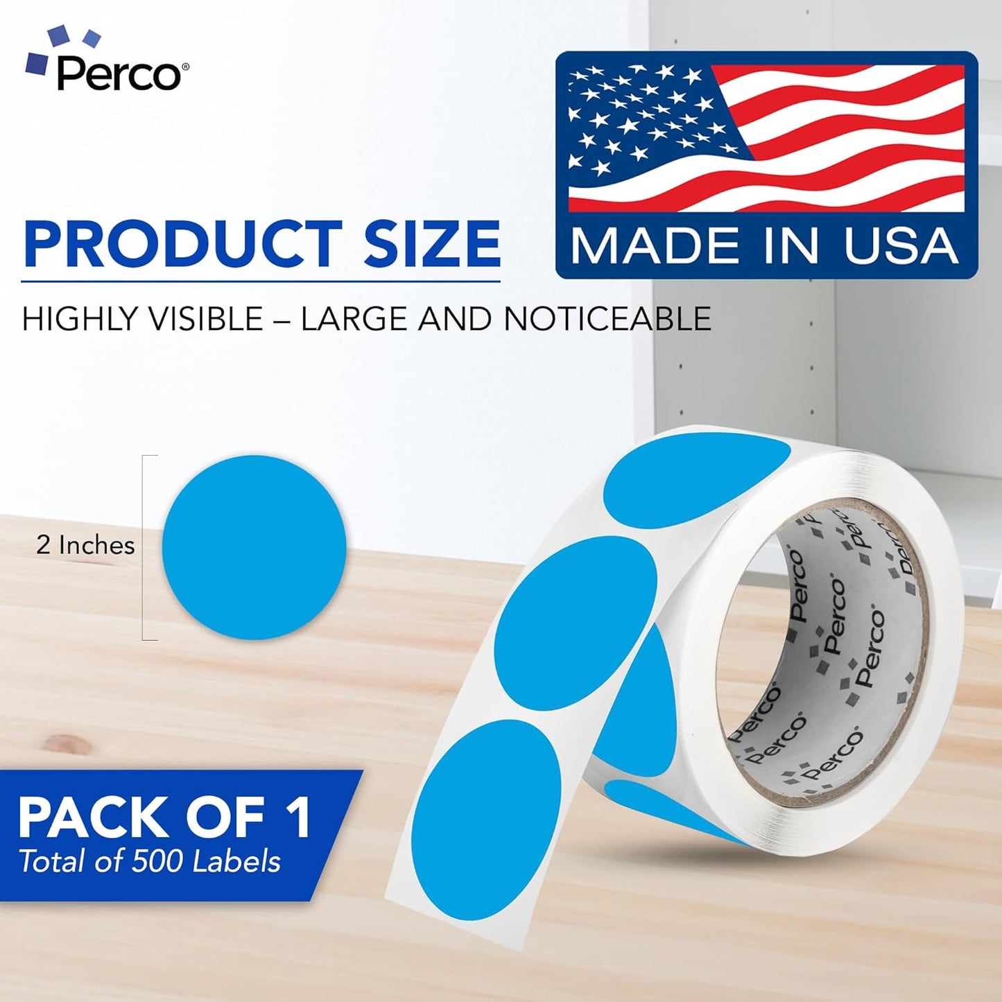 Perco Light Blue 2-Inch Round Circle Dot Sticker Labels with Easy Peel Perforation - 500 Labels per Roll - Strong Adhesion, Vibrant Colors for Organizing, Crafting & More - Made in USA