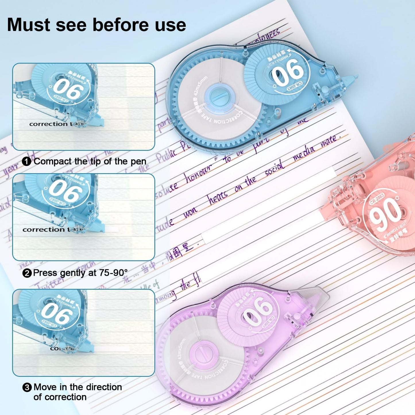 CHANGLi 10 PACK 1653Inch White Correction Tape, Total of 16530 inches, 90° Rotating Tip, Ergonomic Design, Tear-Resistant Tape Office or School Supplies, Includes Storage Pouch