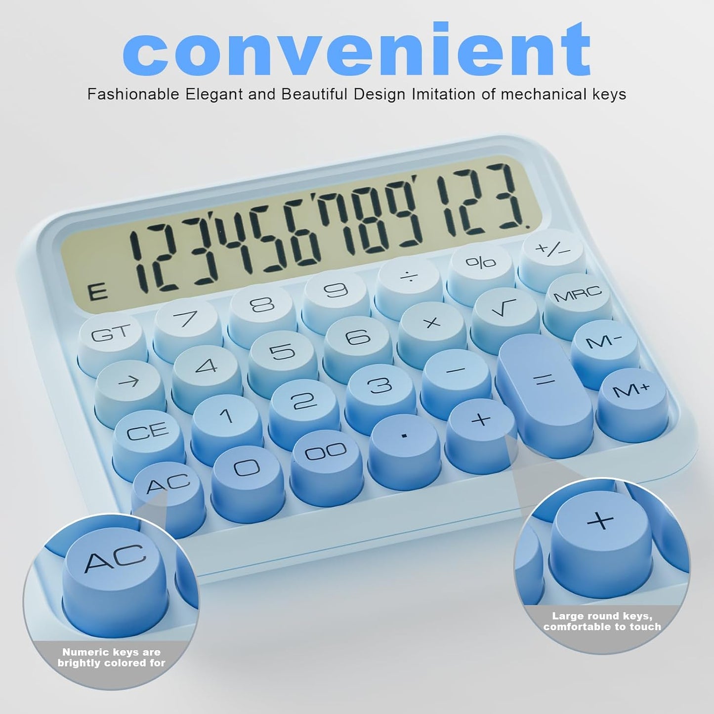 Mechanical Calculator 12 Digit Extra Large 5-Inch LCD Display, DECKLIT Battery Desk Calculator, Big Buttons Easy to Press Office Calculators Desktop, 15°Tilt Screen for Kids Calculator(Ice Blue)