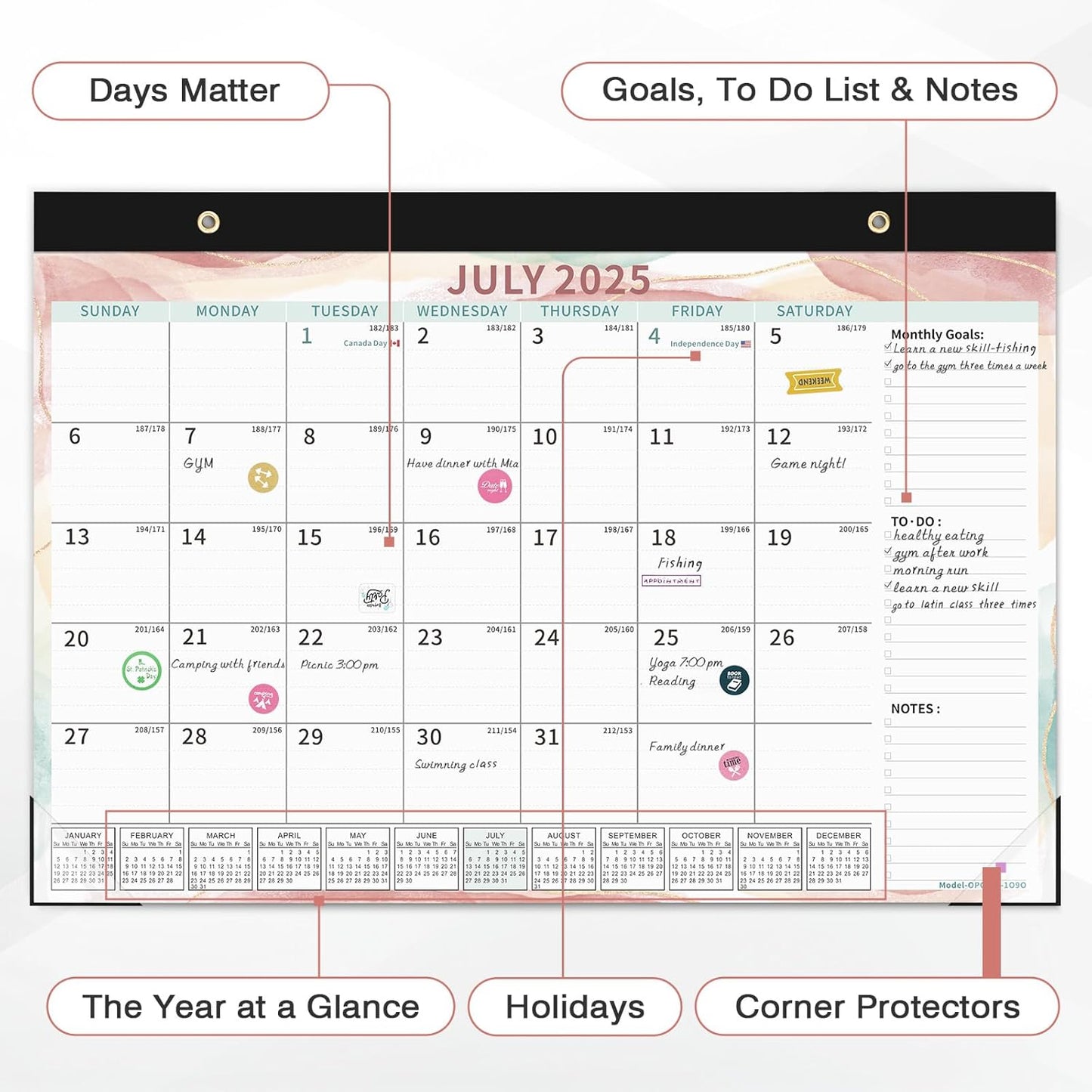 Ospelelf 2025-2026 Calendar Magnetic Desk Wall Desktop Monthly Planner from July 2025 to December 2026 Large To Do Pad with Plastic Cover for Office 17" X 12" Multicolor
