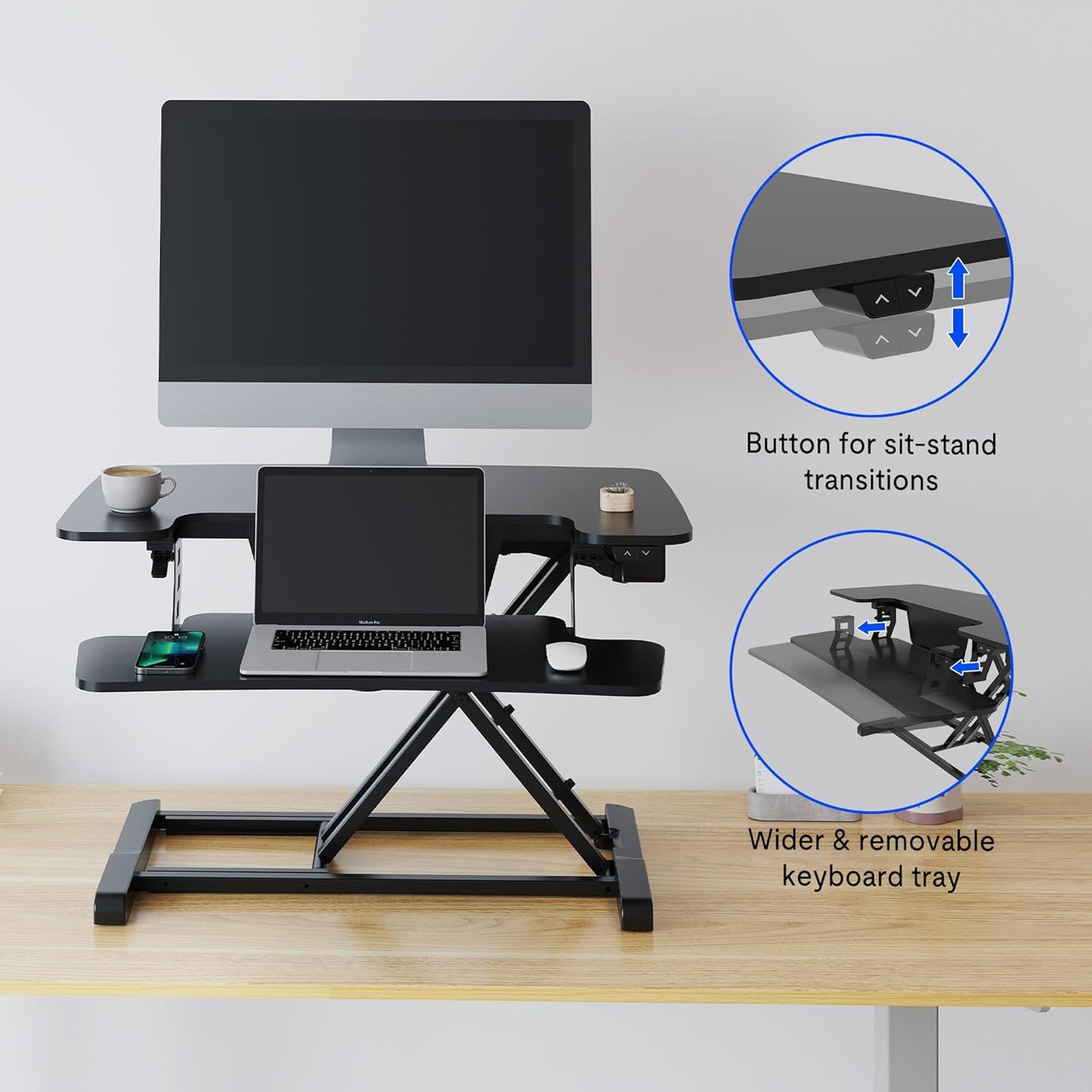 FLEXISPOT Motorized Standing Desk Converter 32" Black Electric Height Adjustable Stand up Desk Riser with Quick Release Keyboard Tray