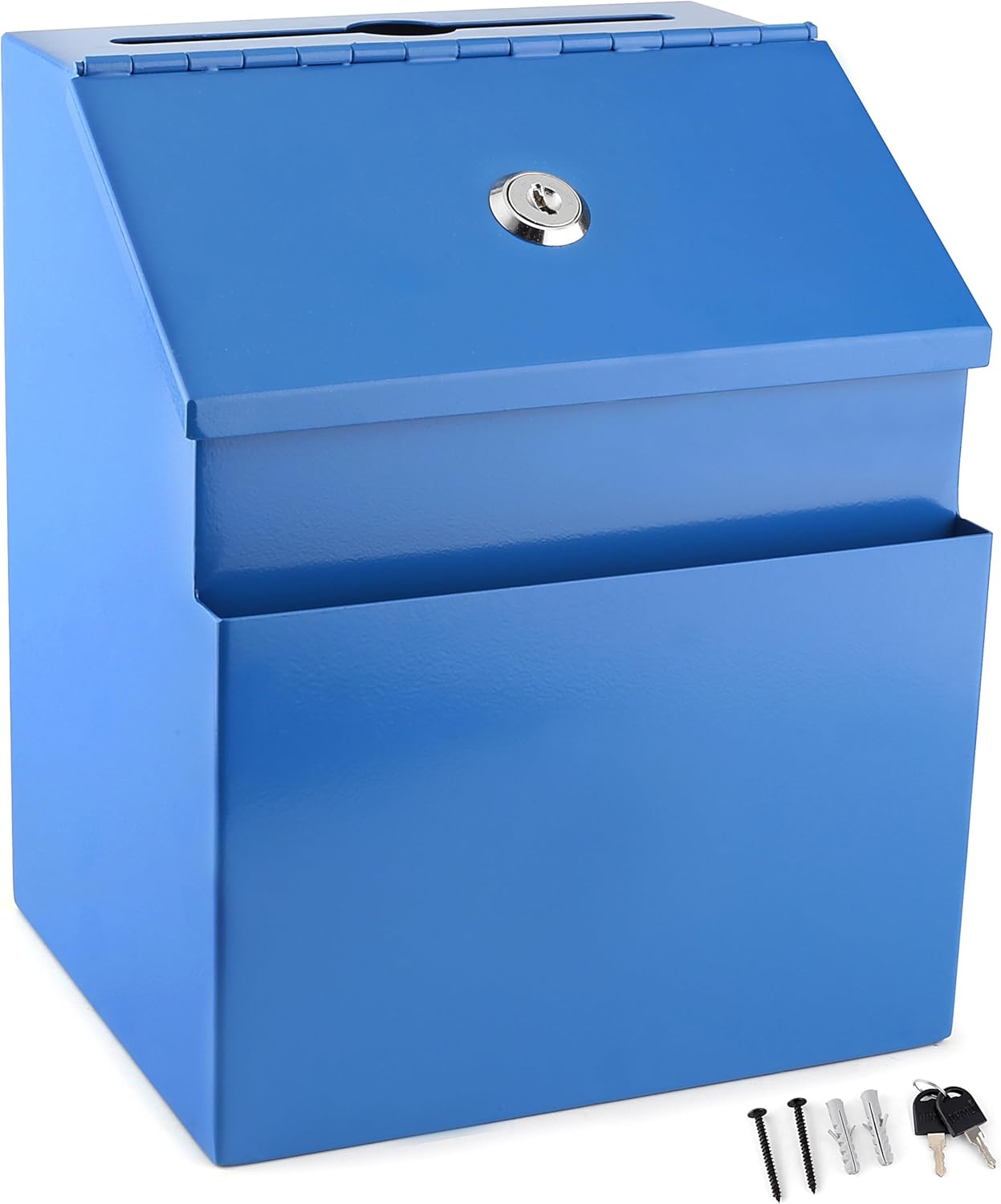 Suggestion Box with Lock and keys, Metal Wall Mounted Ballot Box, Iron steel Donation and Collection Drop Box 8.5" H x 6" W x 7" L with wide 5.5" Slot and front sheet holder (Blue)