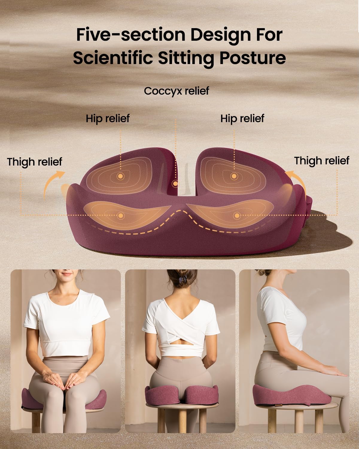 ProtoArc Seat Cushion, Office Chair Cushion for Sciatica, Coccyx Cushion, Ergonomic Memory Foam Seat Cushion for Car, Home, Pressure Relief Pad for Hip, Tailbone, All Day Comfort - Wine Red