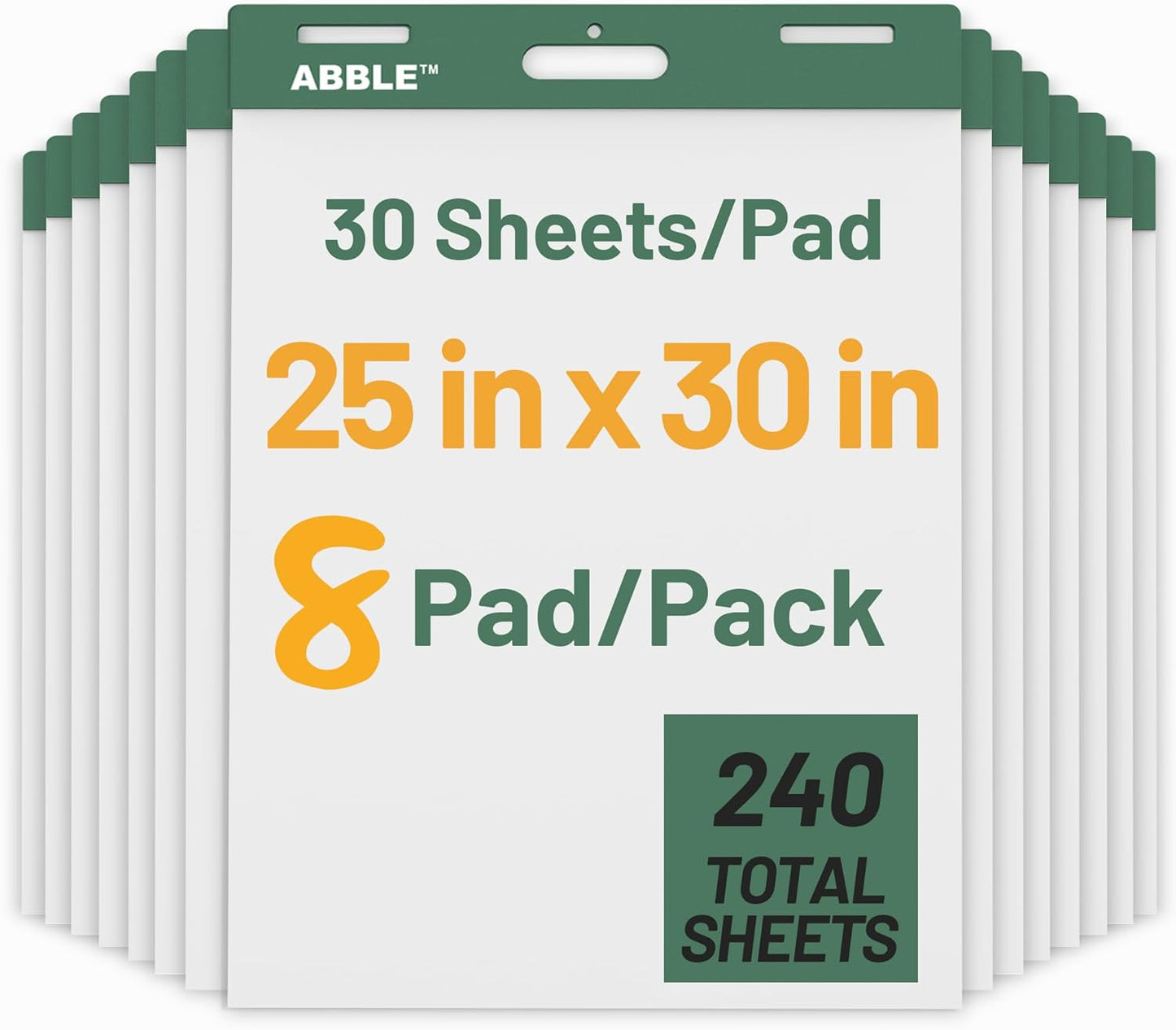 Super Sticky Easel Pad, 25 x 30 Inches, 30 Sheets/Pad, 8 Pads/Pack (Green), Large Self Stick Flip Chart Paper for Whiteboards, Premium White Chart Paper for Teachers, Office, and Classroom Supplies