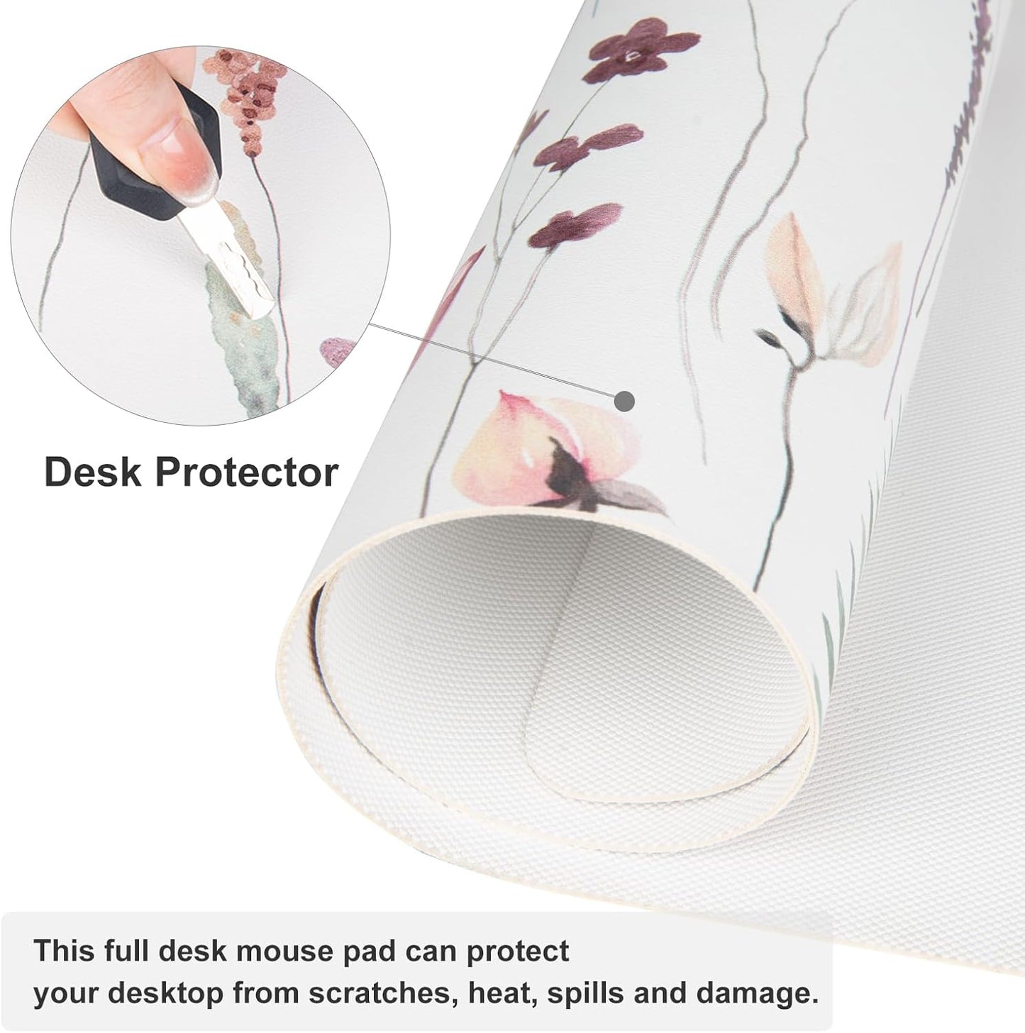 QiyI Large Mouse Pad, Cute Flower Desk Mat for Desktop, Women Girls Floral Office Décor Accessories, PU Leather Waterproof Big Gaming Mousepad, Wildflowers Desk Pad Computer Mat, 31.5" x 15.7"