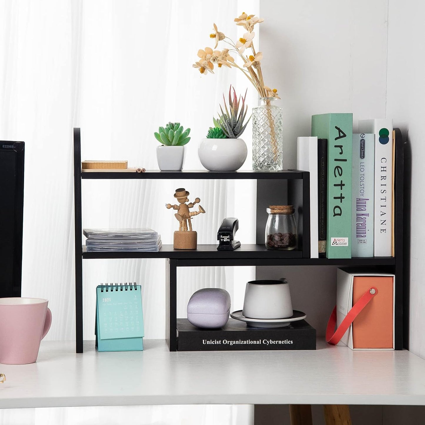 VERGOODR Desktop Adjustable Natural Wood Book Shelf Organizer Office Storage Rack Display Stand Caddy Set Expandable Desk Organizer (Black)