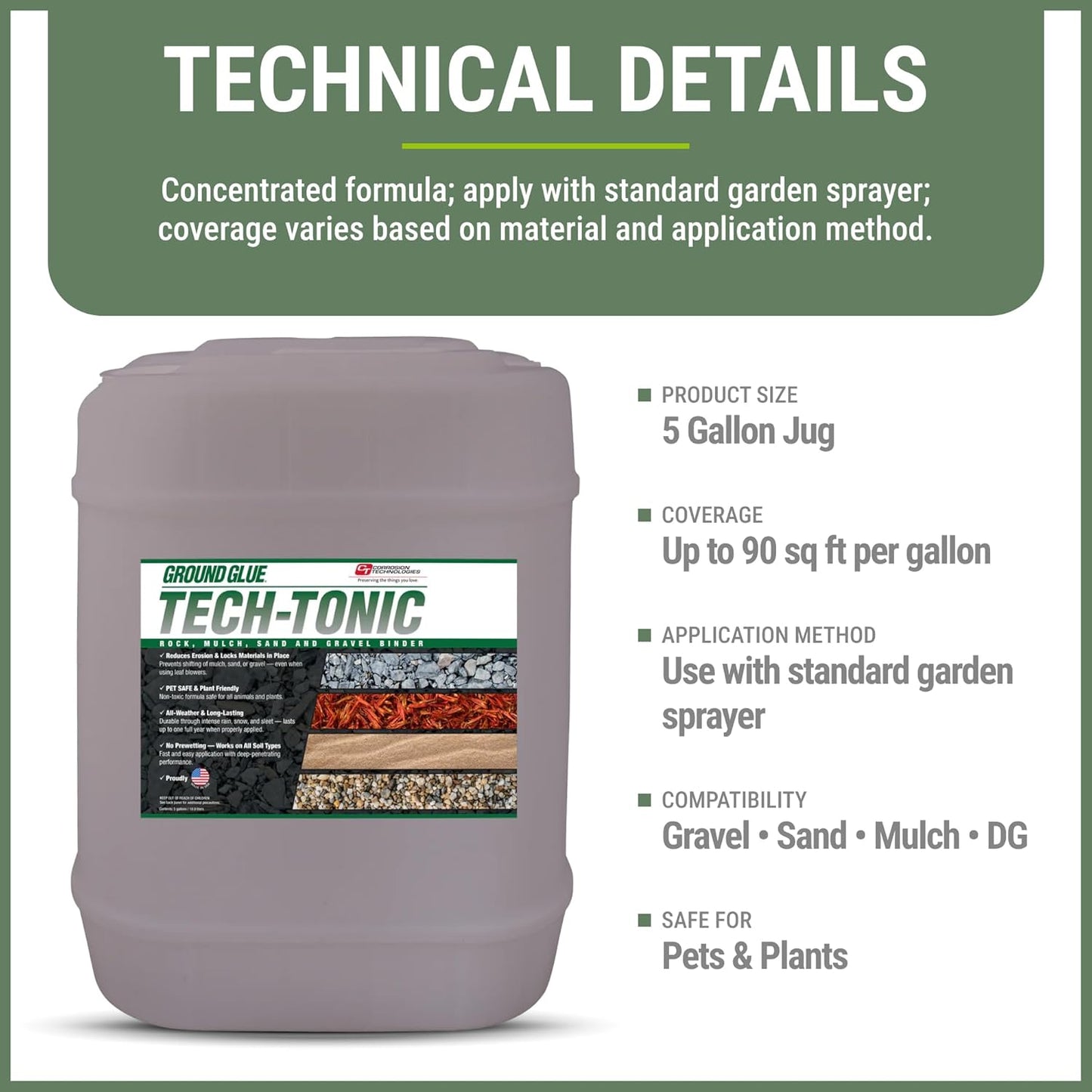 Ground Glue Tech-Tonic Landscape Adhesive for Rock, Mulch, and Sand, Weatherproof Long-Lasting Stabilizer for Trails & Slopes, Pet-Safe Binder for Pea Gravel, Bark & Flower Beds, 5 Gallon Tote