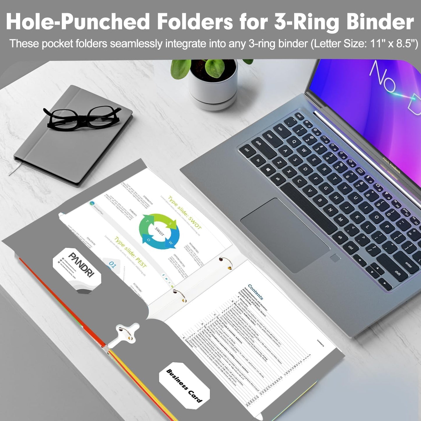 Two Pocket Portfolio Folders, PANDRI 60 Pack 3 Hole Punched 2 Pocket Folders for 3 Ring Binder, Letter Size Paper File Folder for School Office Home Business, Grey